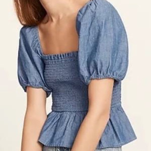 J. Crew chambray smocked bodice puffed sleeve peplum babydoll top - Picture 1 of 8